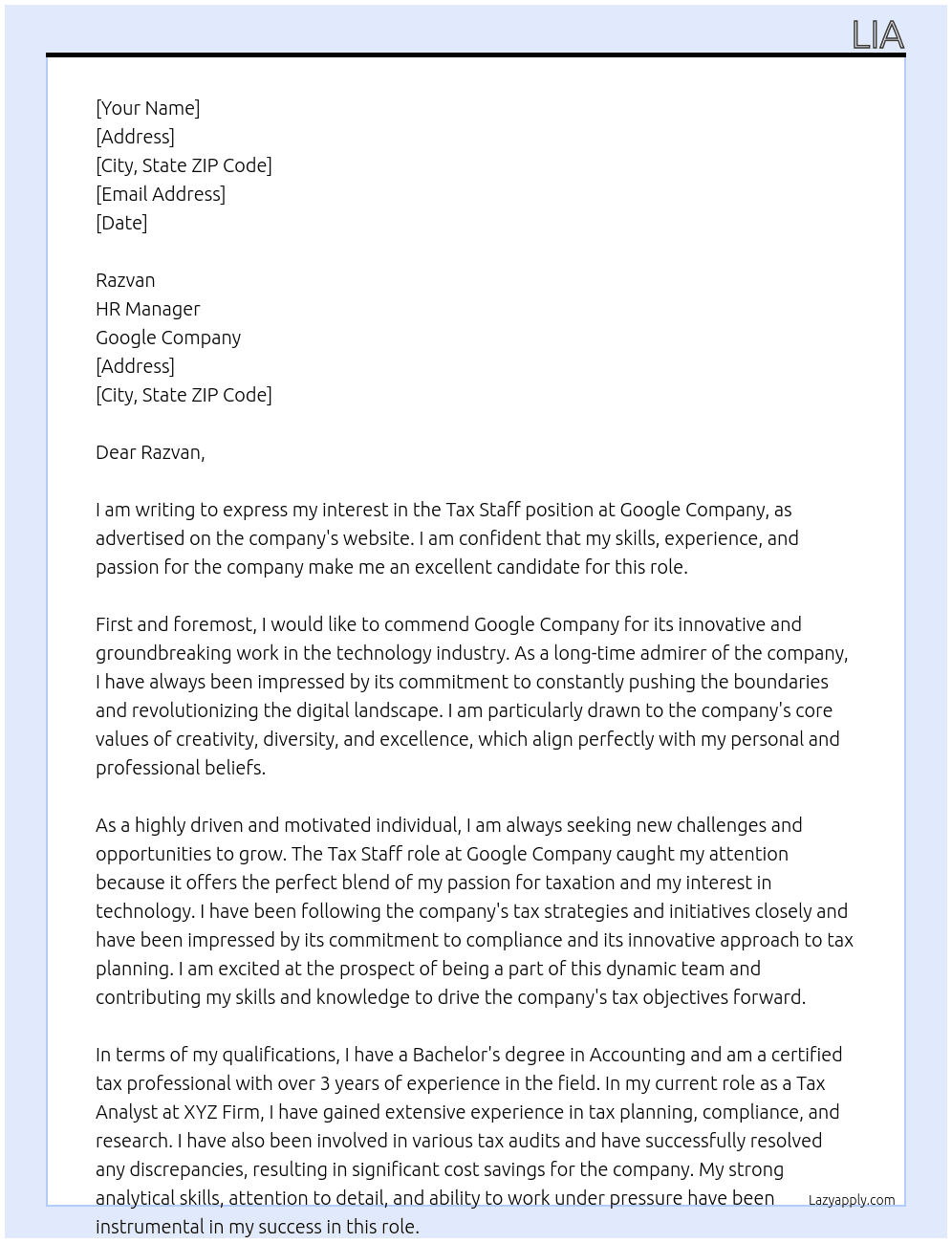 Tax Staff At Google Company Cover Letter