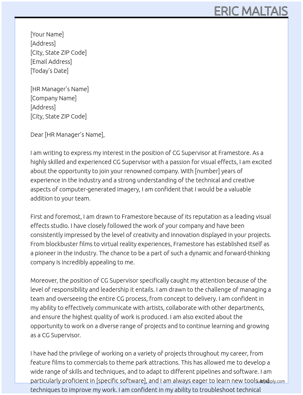 CG Supervisor At Framestore Cover Letter