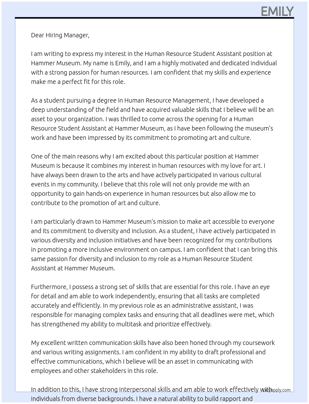 Human Resource Student Assistant At Hammer Muesum Cover Letter