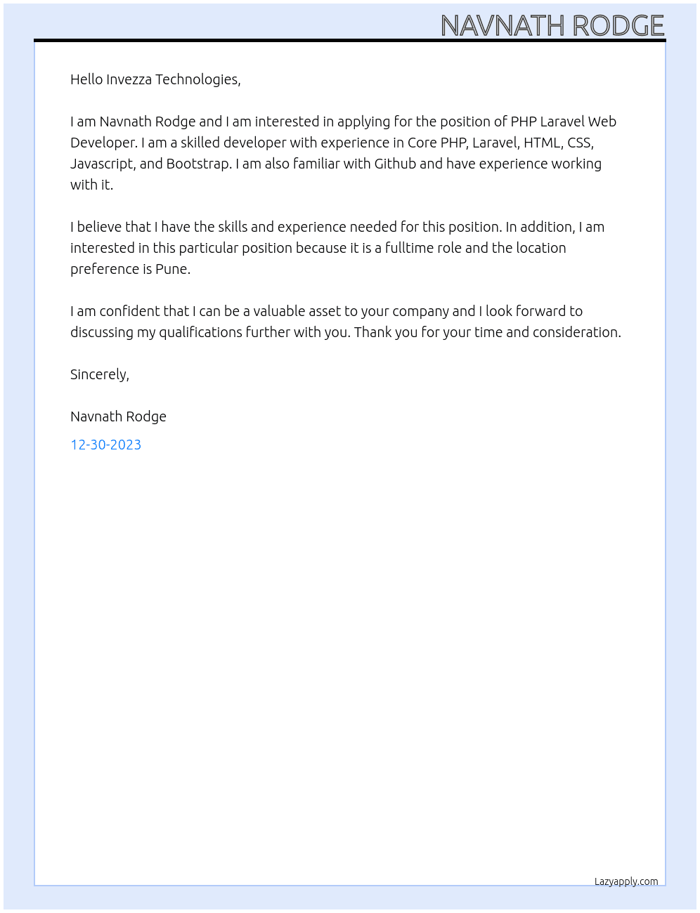 PHP Laravel Web Developer At Invezza Technologies Cover Letter