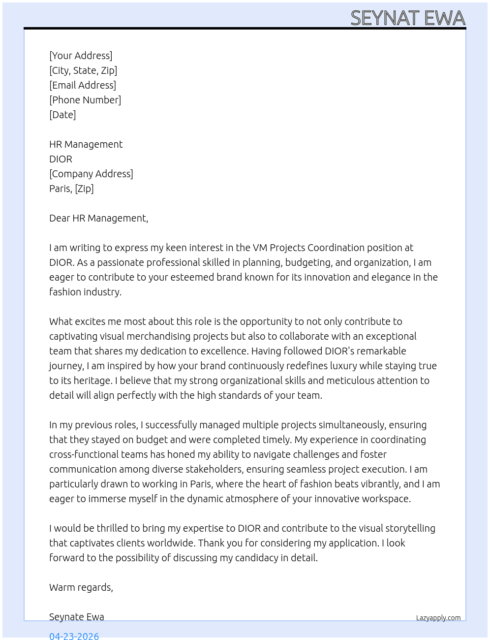 VM Projects Coordination At DIOR Cover Letter