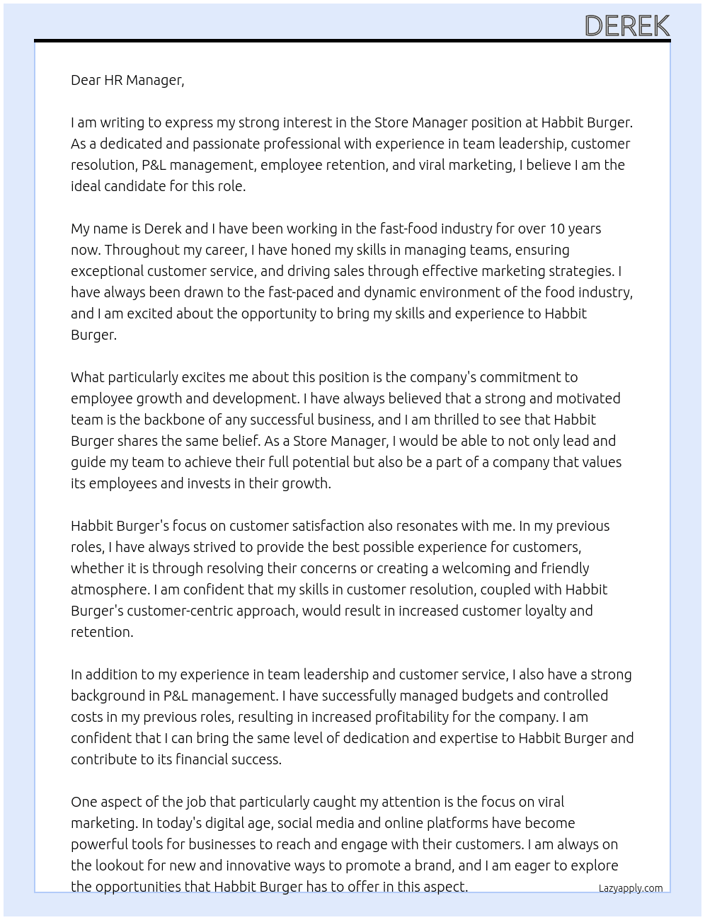 Store Manager At Habbit Burger Cover Letter