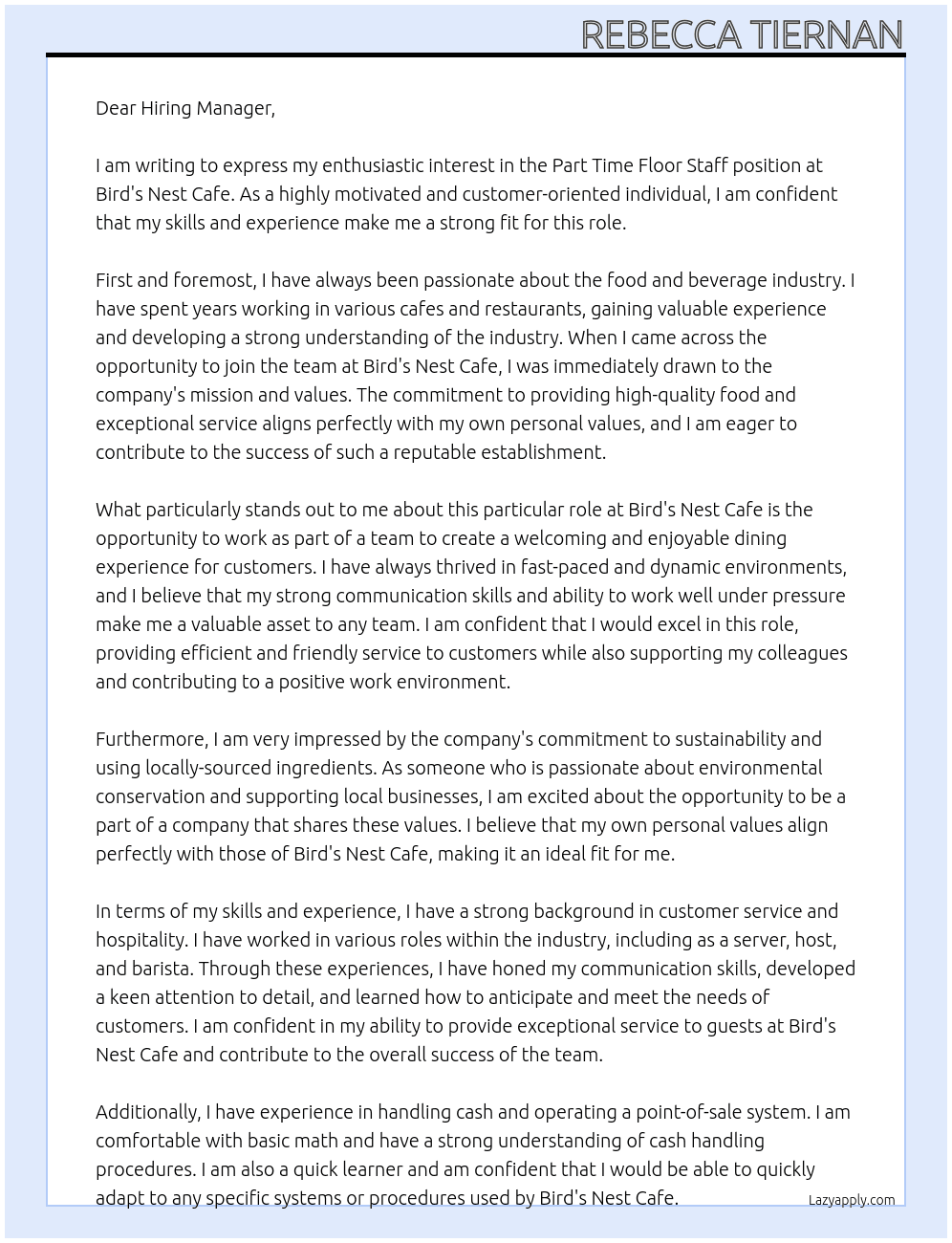 Part Time Floor Staff At Bird's Nest Cafe Cover Letter