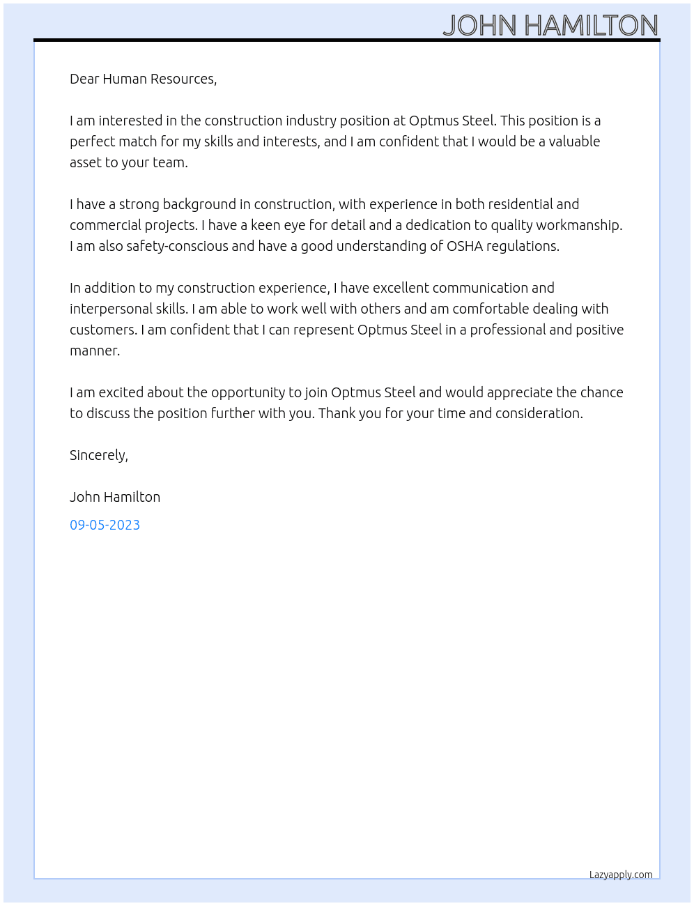 Construction Industry At Optmus Steel Cover Letter