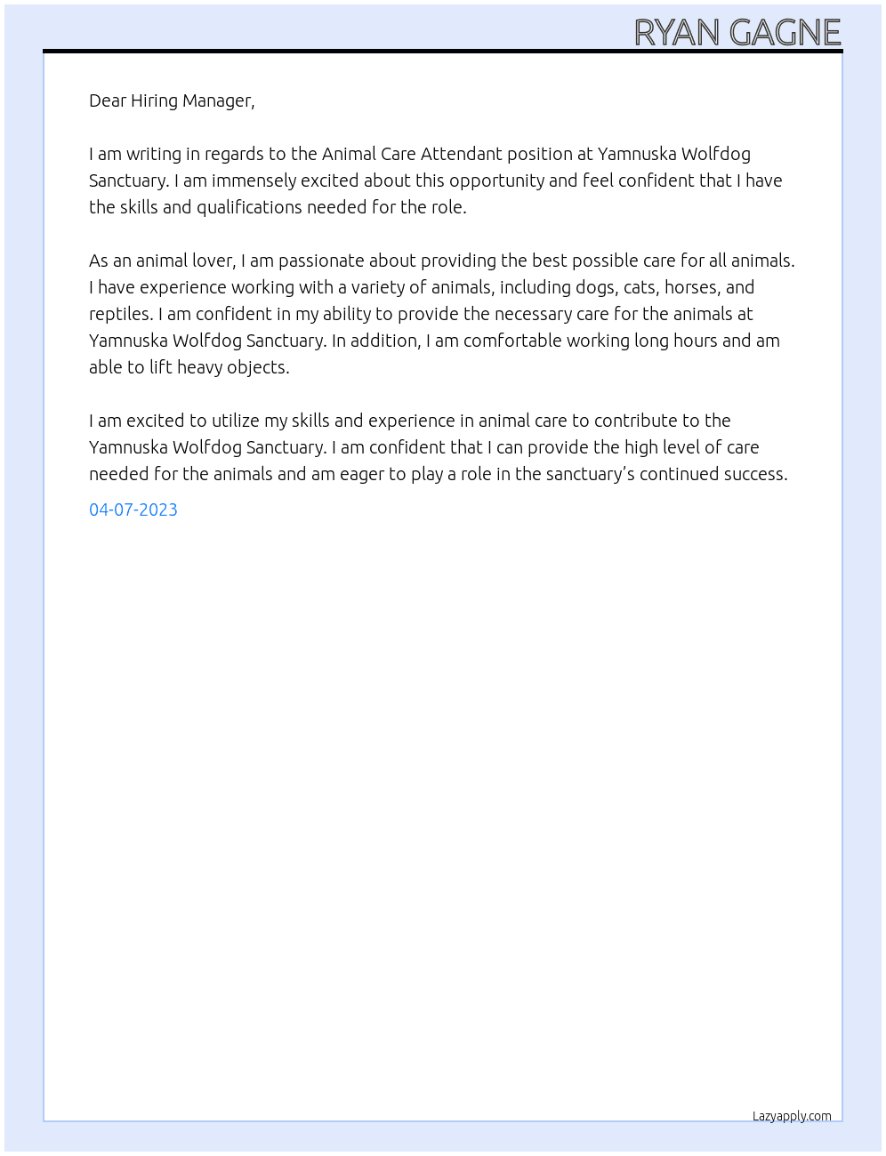 Animal Care Attendant At Yamnuska Wolfdog Sanctuary Cover Letter