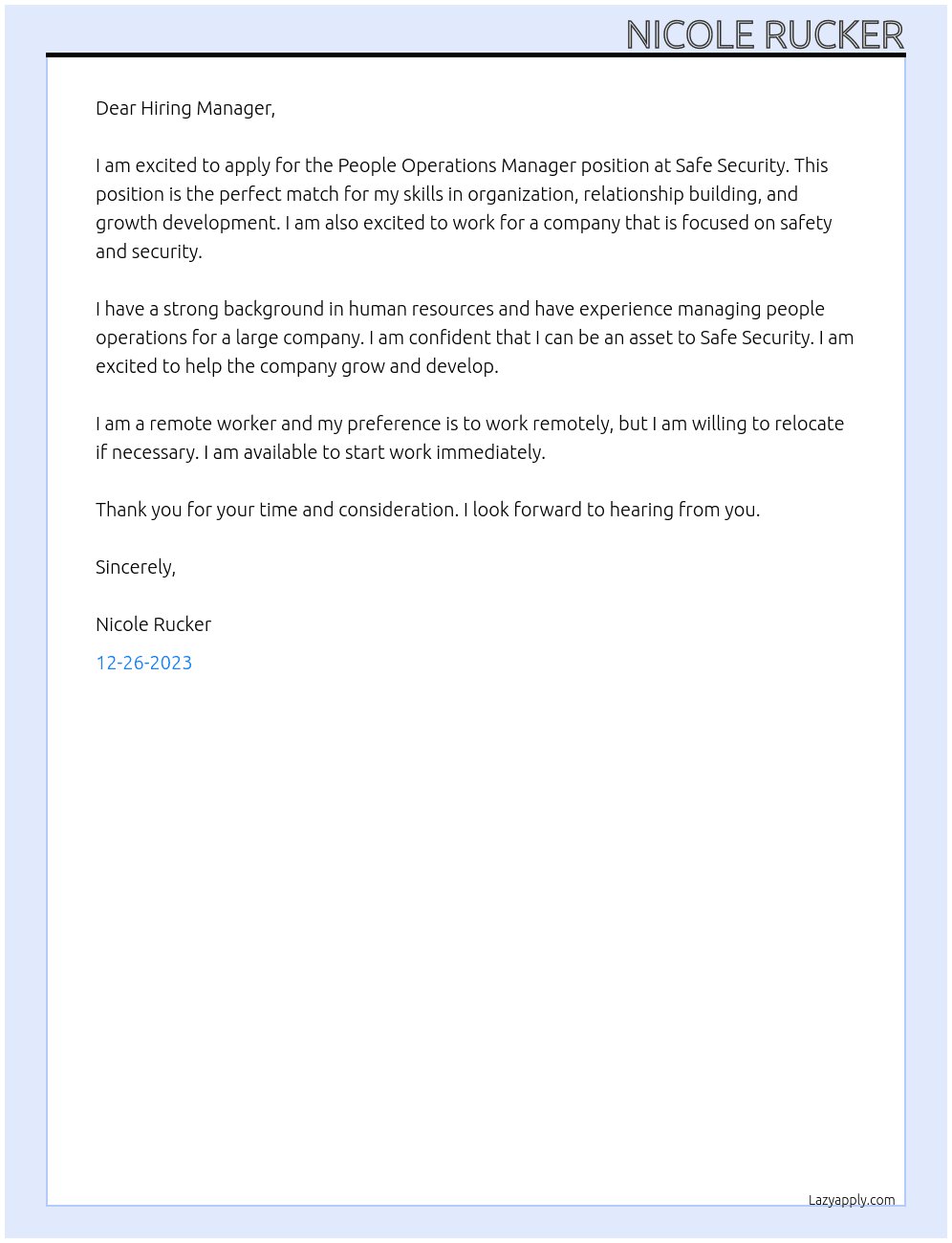 People Operations Manager At Safe Security Cover Letter