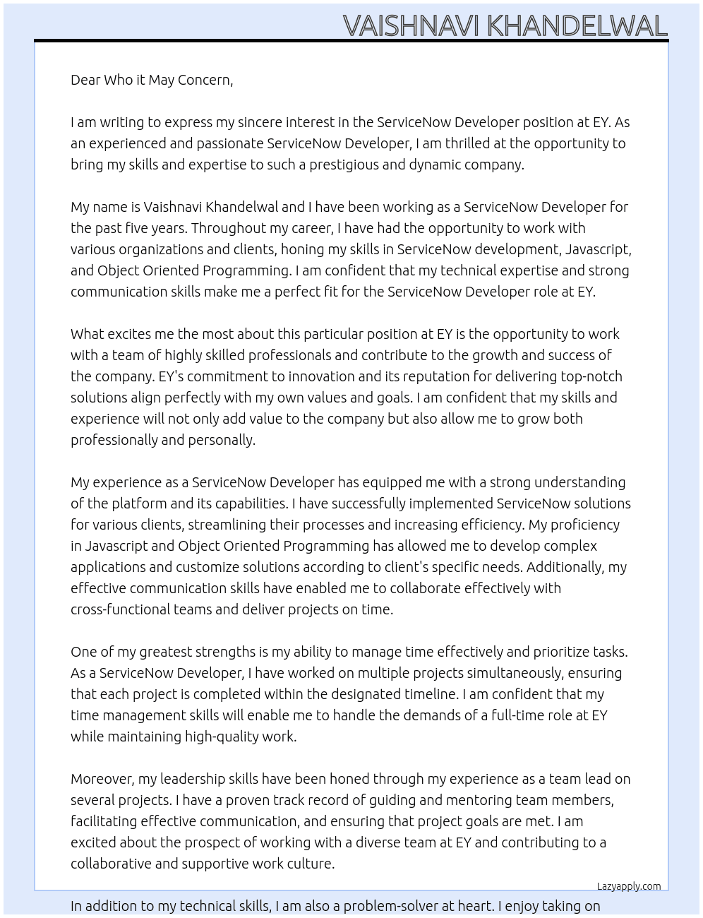 ServiceNow Developer At EY Cover Letter