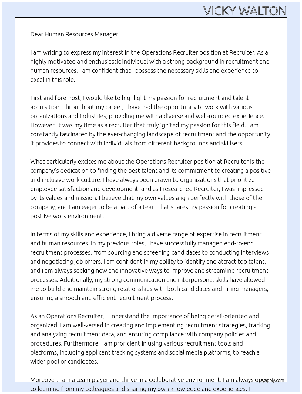 Operations Recruiter At Recruiter Cover Letter