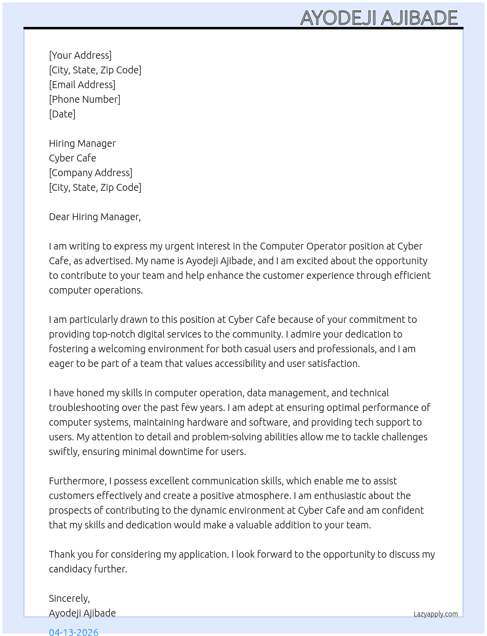 Cover letter for computer operator - LazyApply