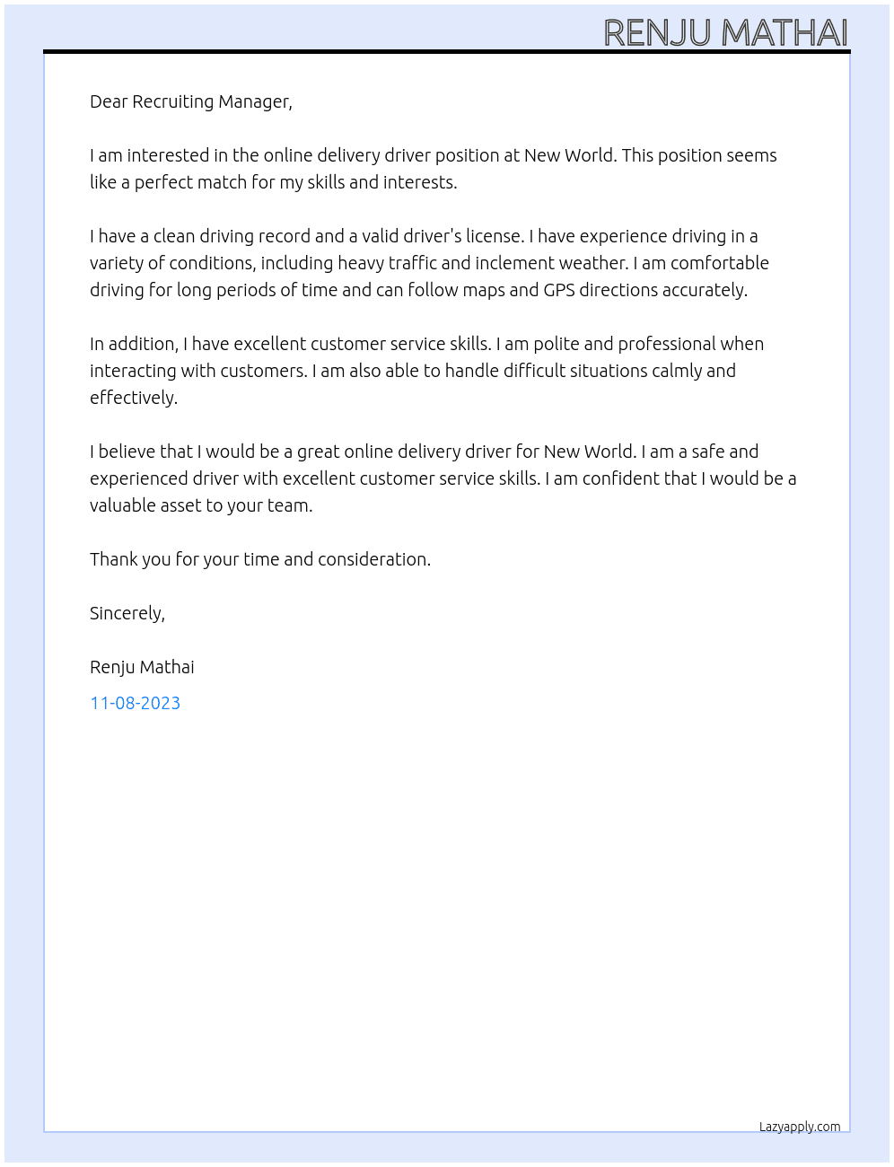 Online delivery driver At New world  Cover Letter