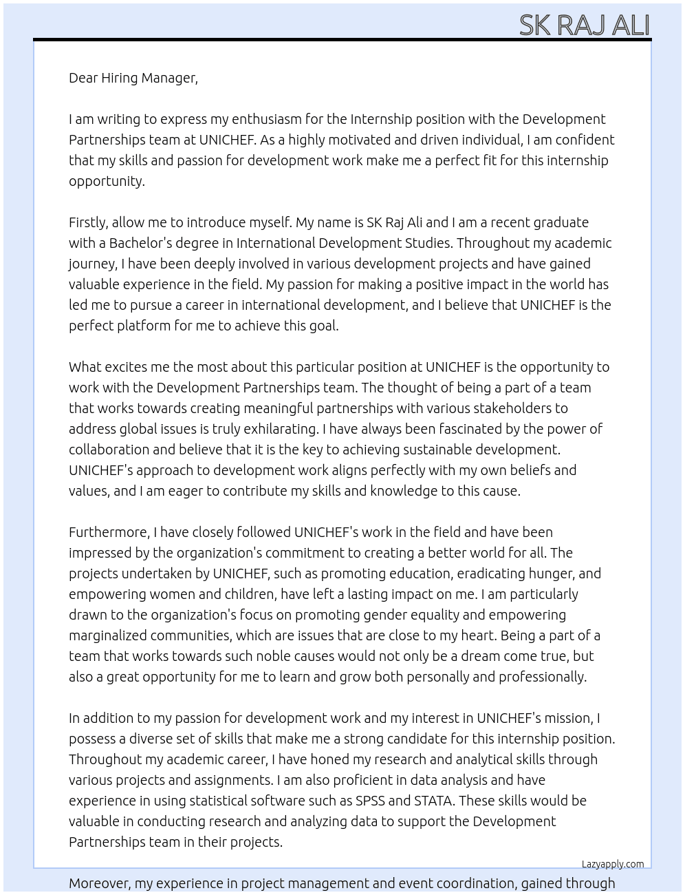 Internship with Development Partnerships team At UNICHEF Cover Letter