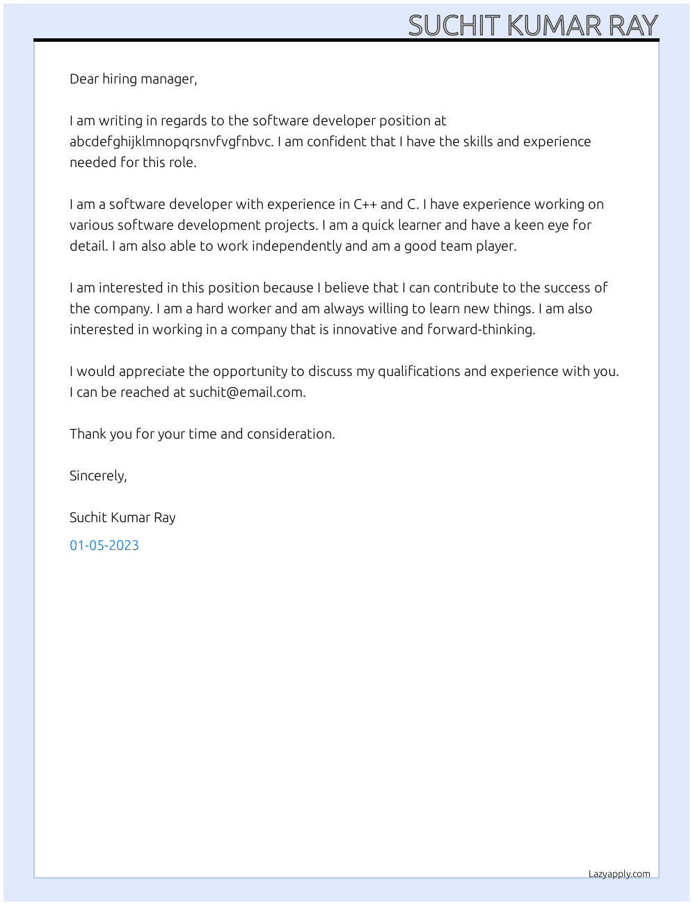 software Developer At abcdefghijklmnopqrsnvfvgfnbvc Cover Letter