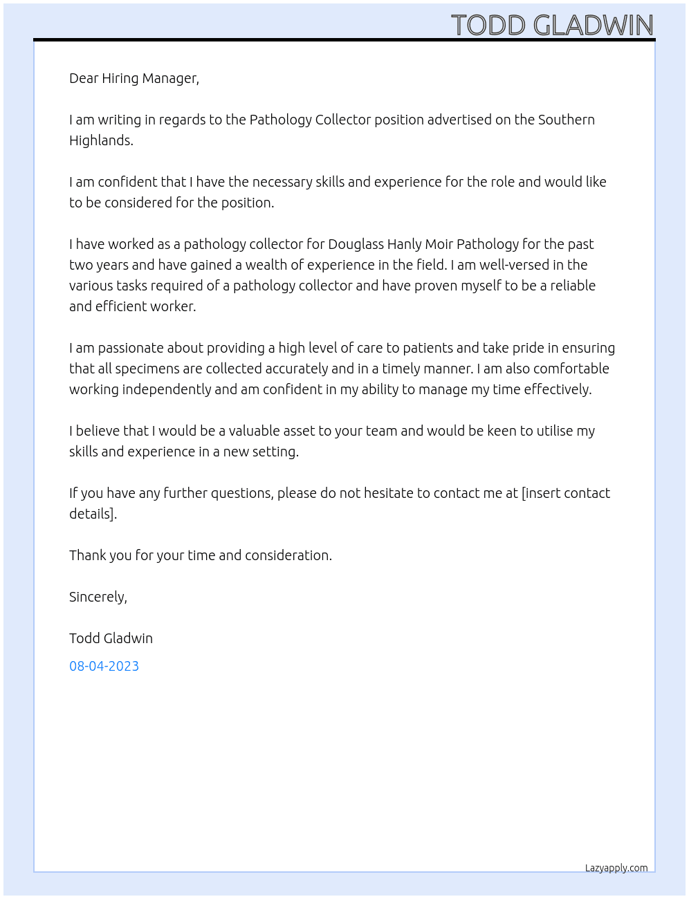 Pathology Collectors - Southern Highlands At Douglass Hanly Moir Pathology Cover Letter
