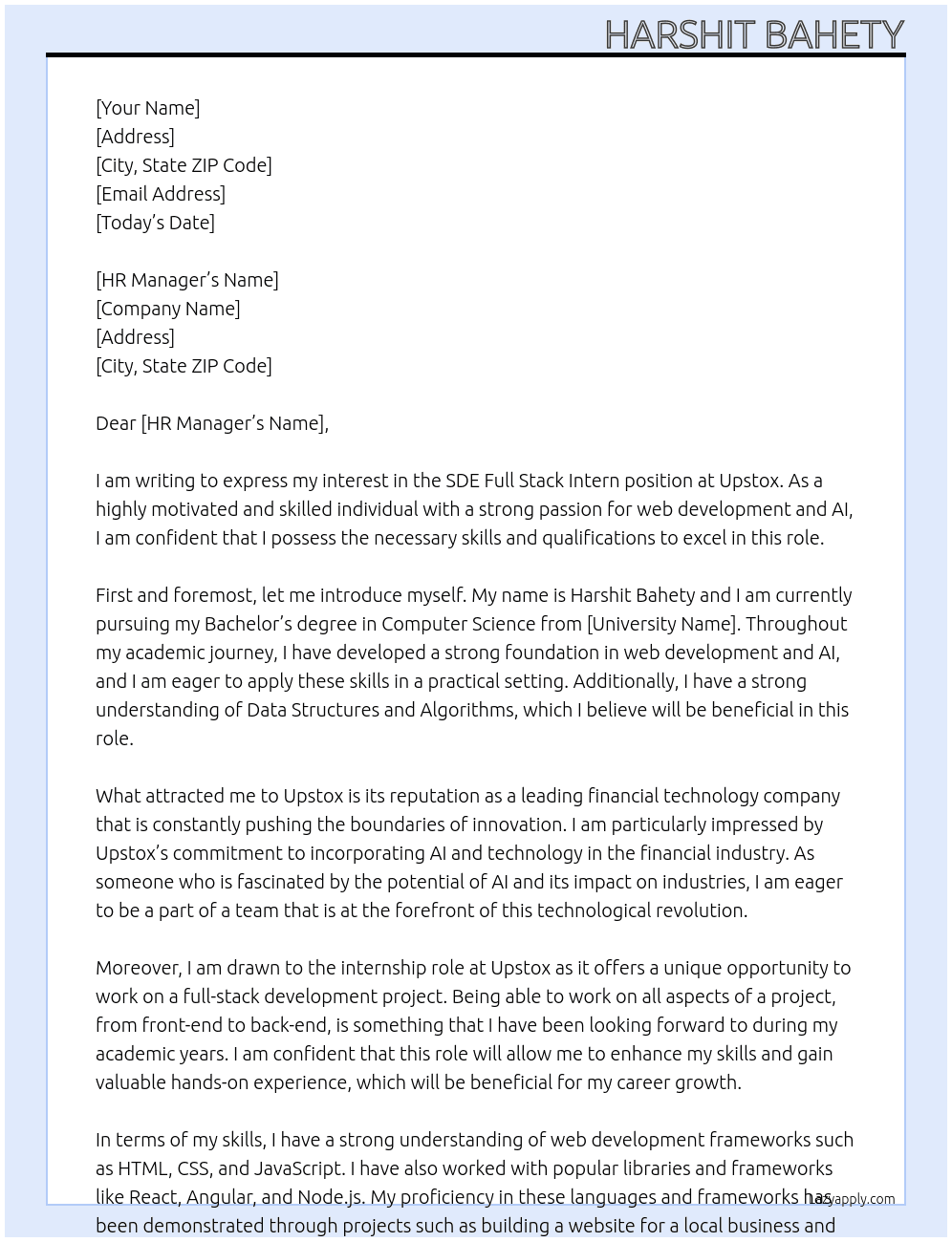 SDE FULL STACK INTERN  At upstox Cover Letter