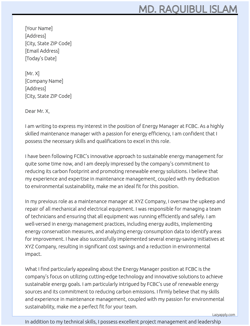 energy manager At fcbc Cover Letter