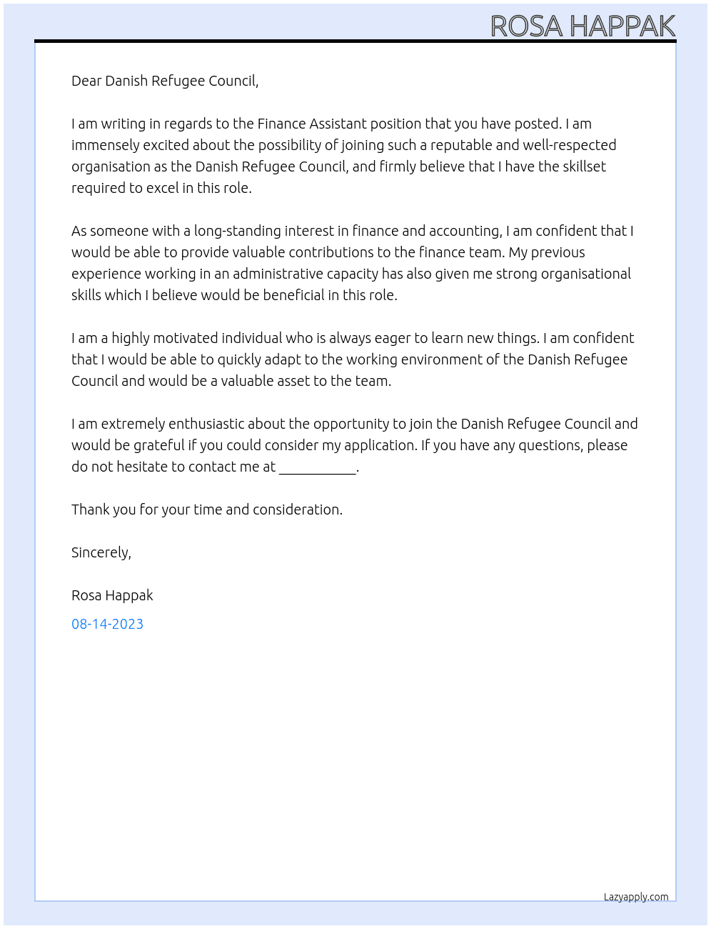 FINANCE ASSISTANT At DANISH REFUGEE COUNCIL Cover Letter