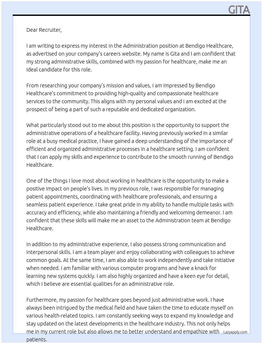 Administration  At bendigo Healthcare Cover Letter