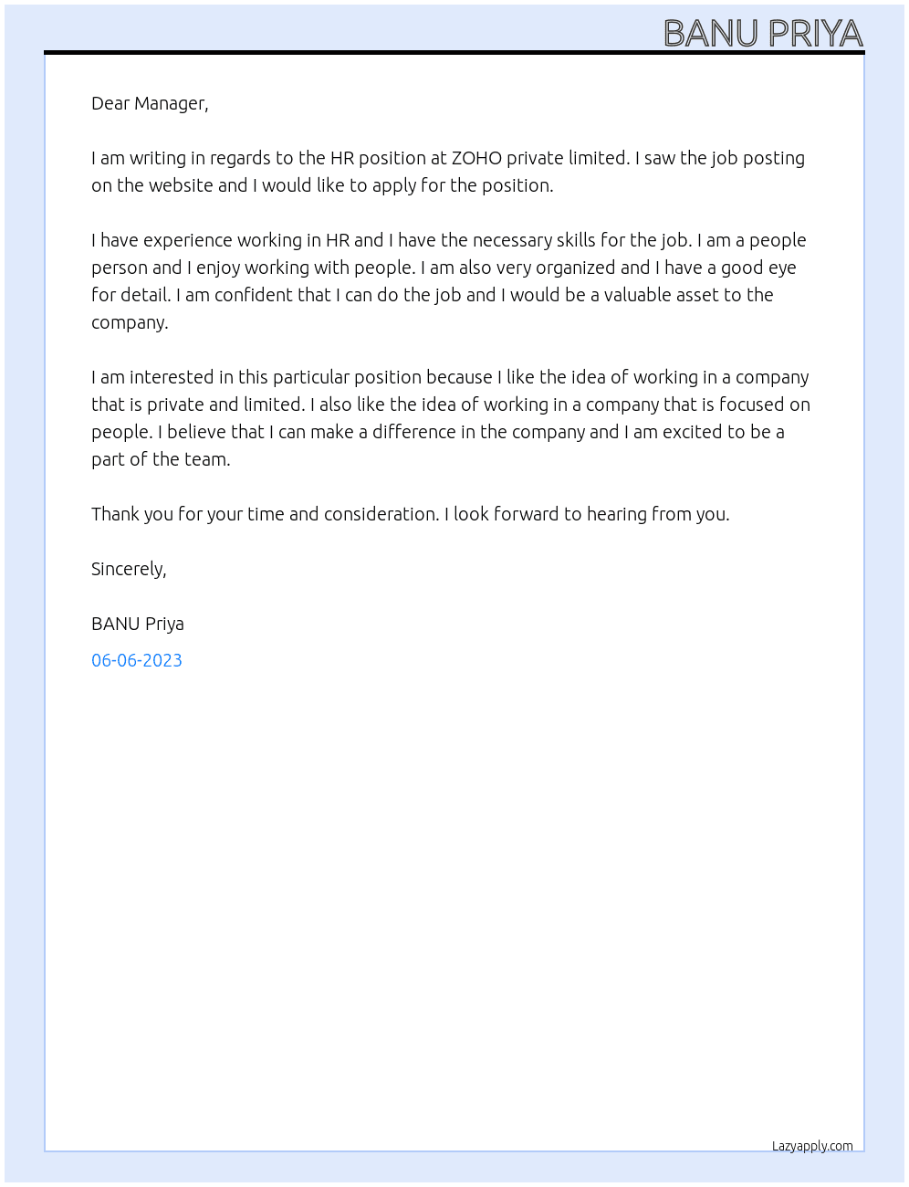 Hr At ZOHO private limited Cover Letter