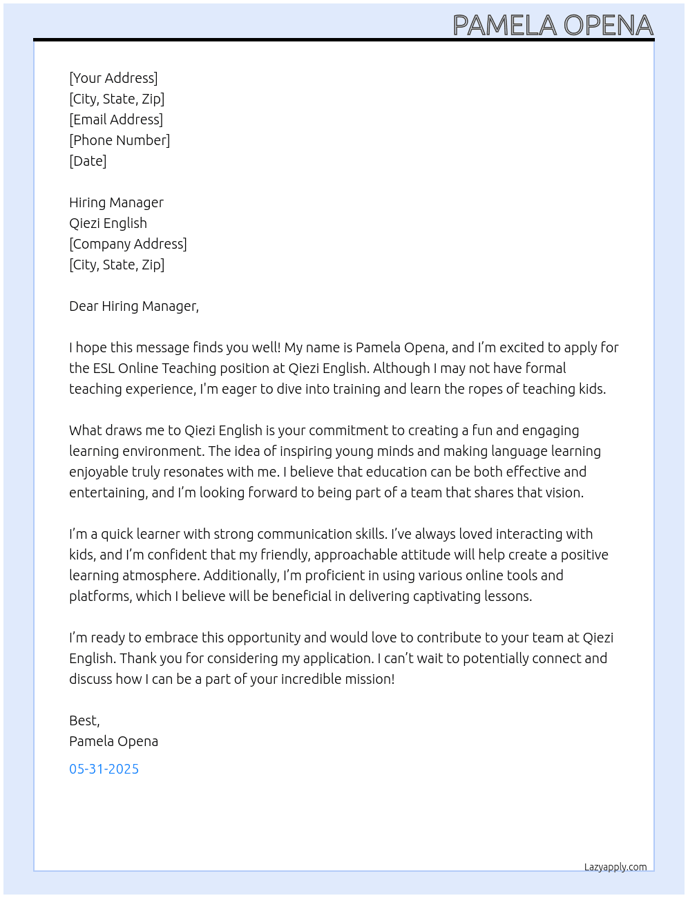 ESL Online Teaching No Experience but willing to undergo training to teach kids At Qiezi English Cover Letter