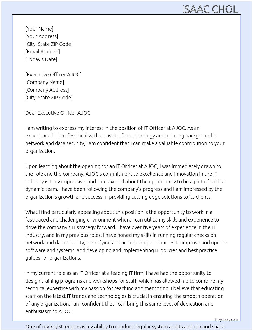 IT Officer  At AJOC Cover Letter