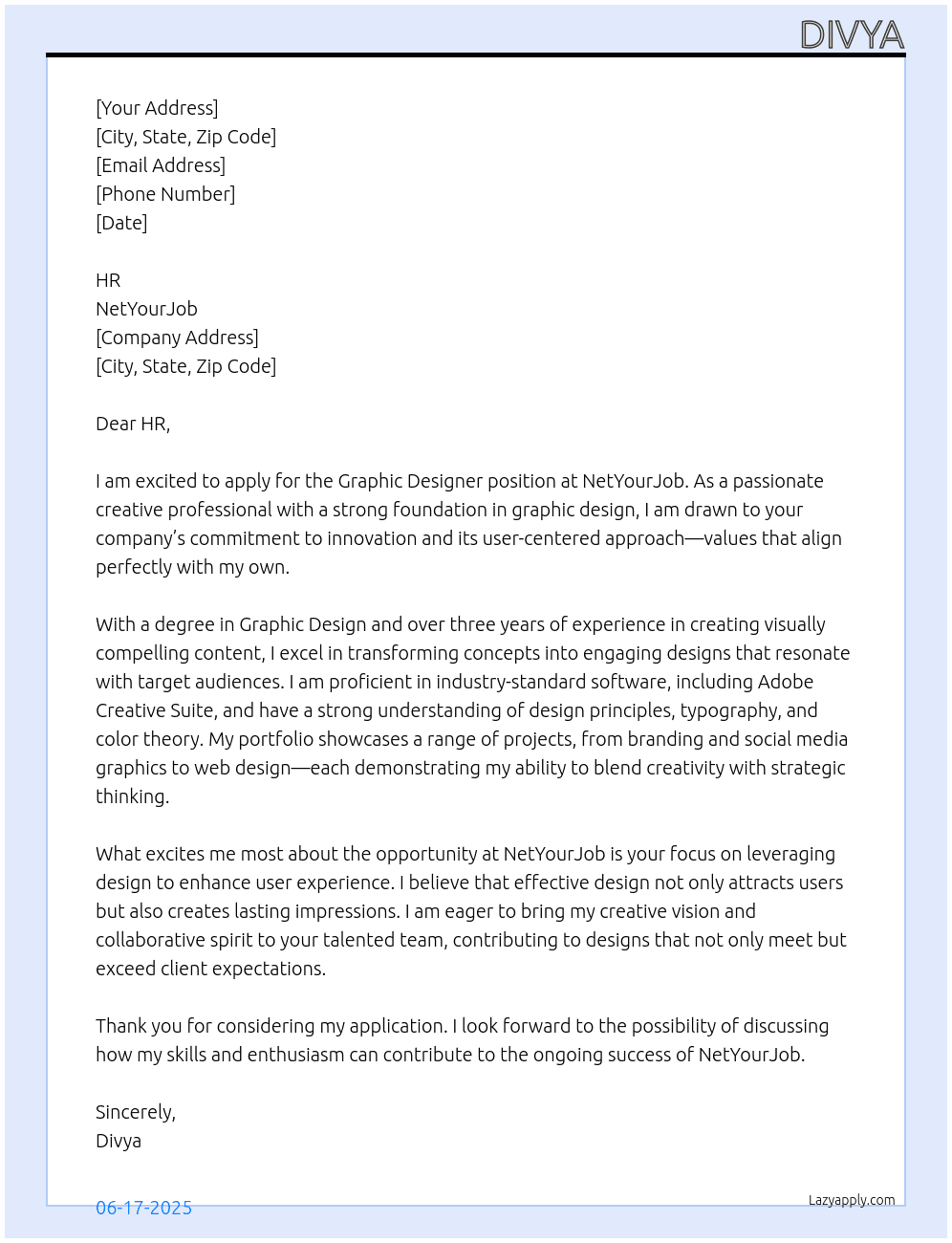 Graphic Designer At NetYourJob  Cover Letter