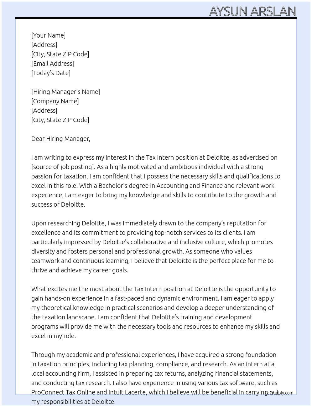 Tax Intern At Deloitte Cover Letter