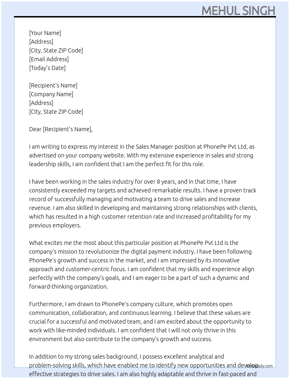 Sales Manager At PhonePe Pvt Ltd Cover Letter