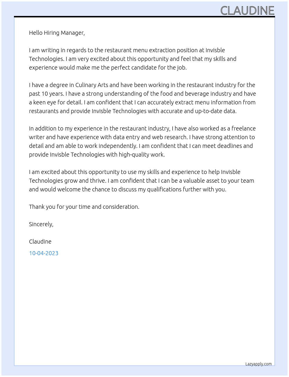 Restaurant menu extraction At Invisble Technologie Cover Letter