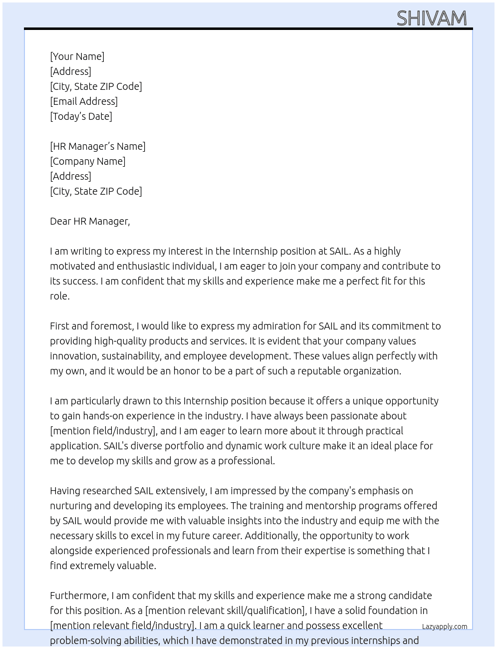 Internship  At SAIL Cover Letter