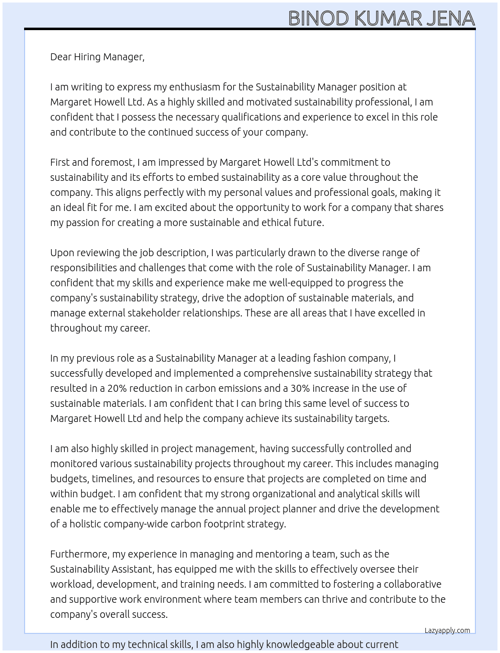 Sustainability Manager At Margaret Howell Ltd Cover Letter