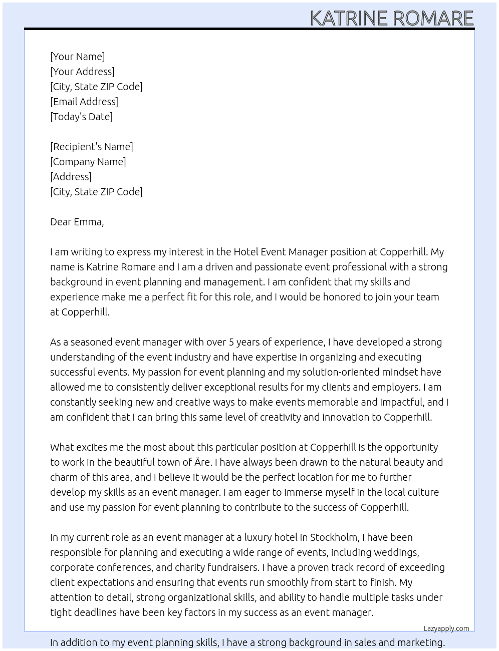 Hotel event manager At Copperhill Cover Letter