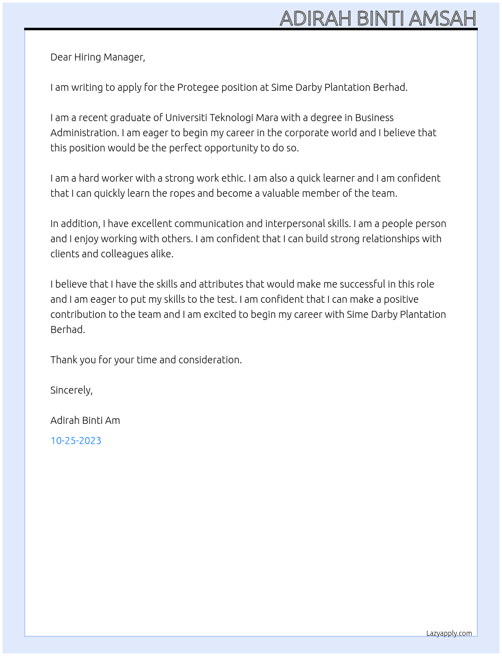 Protegee At Sime Darby Plantation Berhad Cover Letter