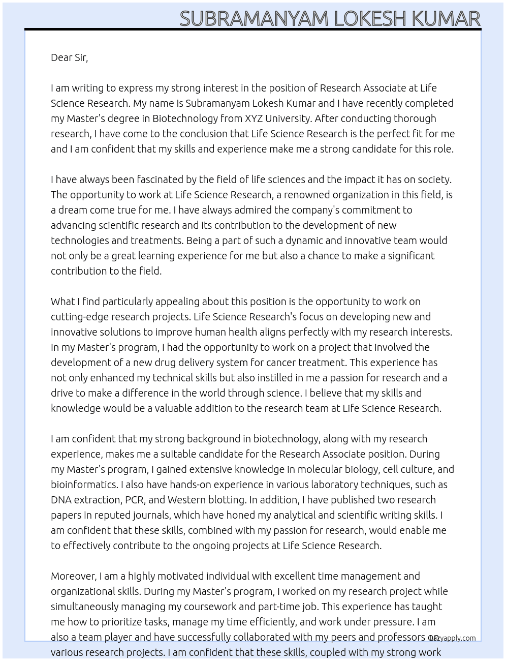 Research associate  At Life science research Cover Letter