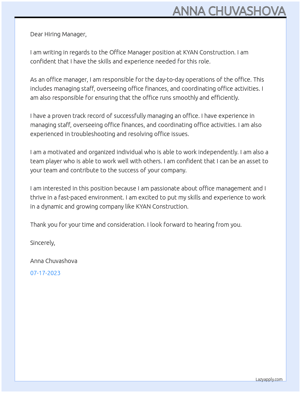 Office manager At KYAN Construction Cover Letter