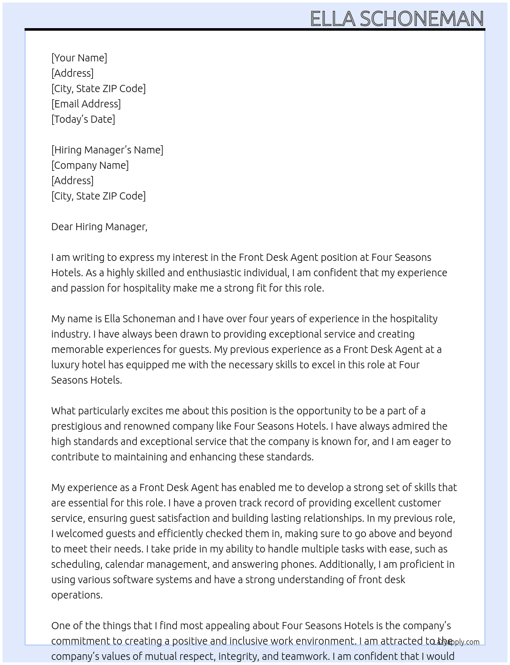 Front Desk Agent At Four Seasons Hotels Cover Letter