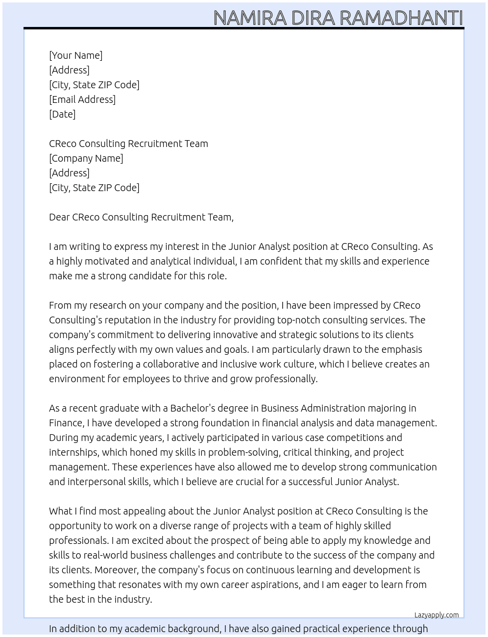 Junior Analyst At CReco Consulting Cover Letter
