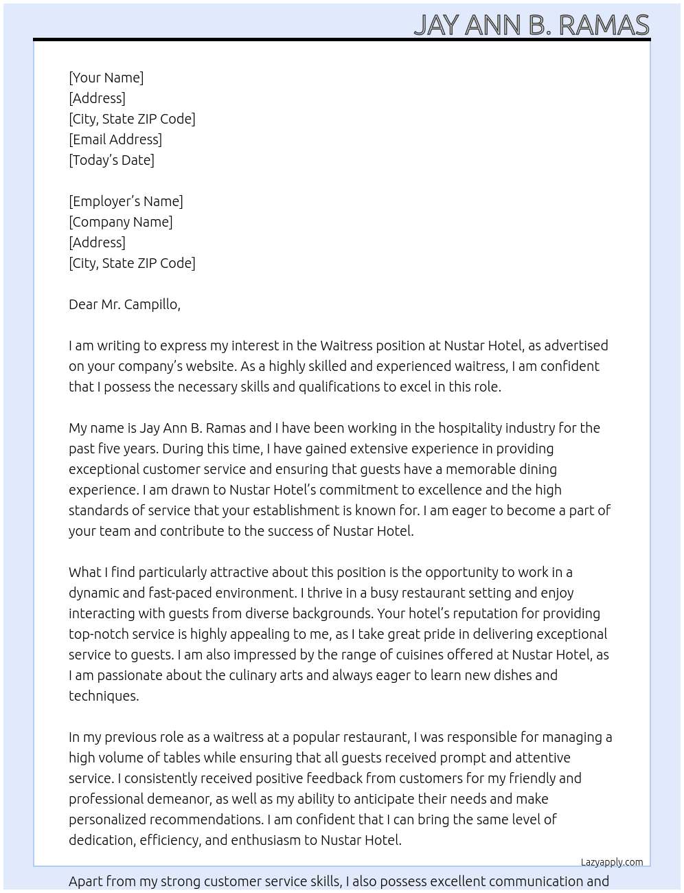 Waitress At Nustar Hotel  Cover Letter
