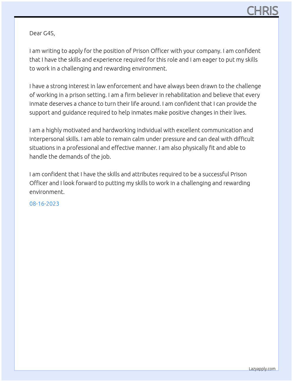 Prison officer  At G4S Cover Letter