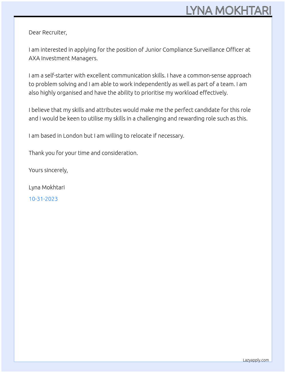 JUNIOR COMPLIANCE SURVEILLANCE OFFICER At AXA INVESTMENT MANAGERS Cover Letter