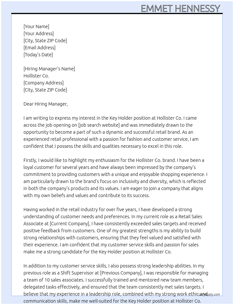 Key holder  At Hollister Co. Cover Letter