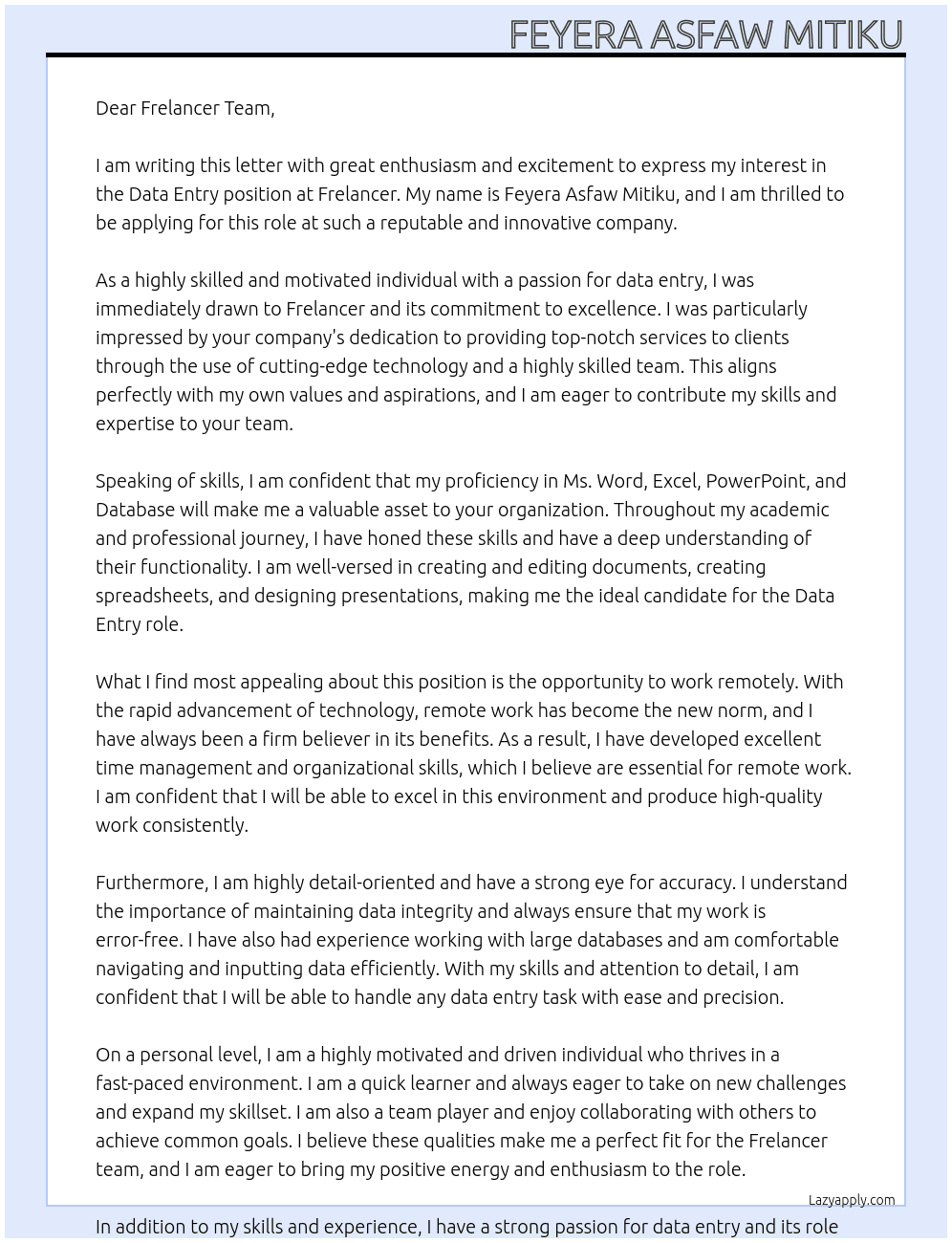 Data Entry  At Frelancer  Cover Letter