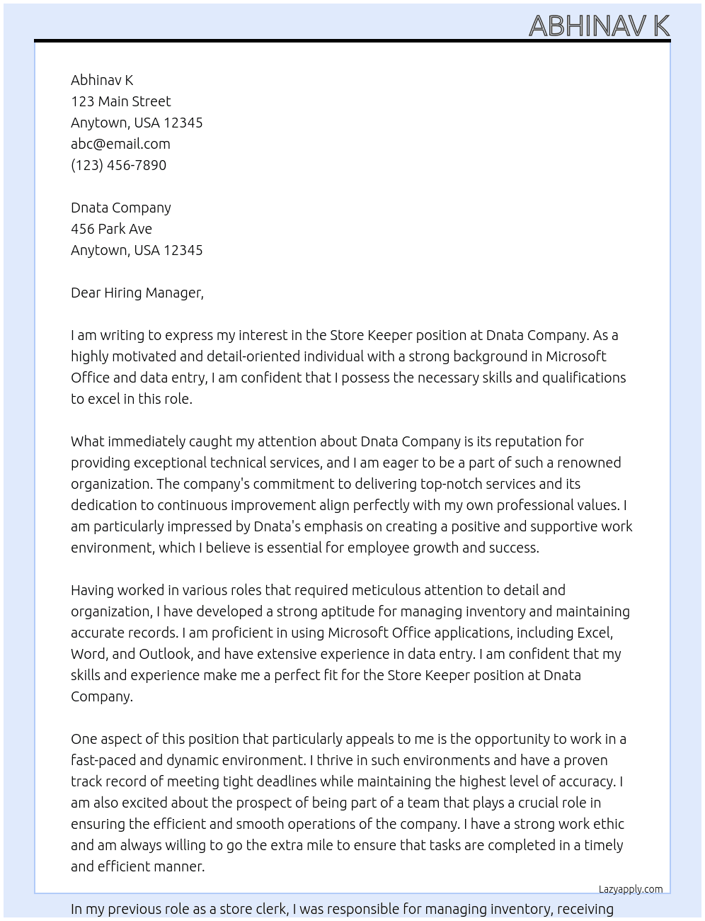 Store keeper  At Dnata company  Cover Letter