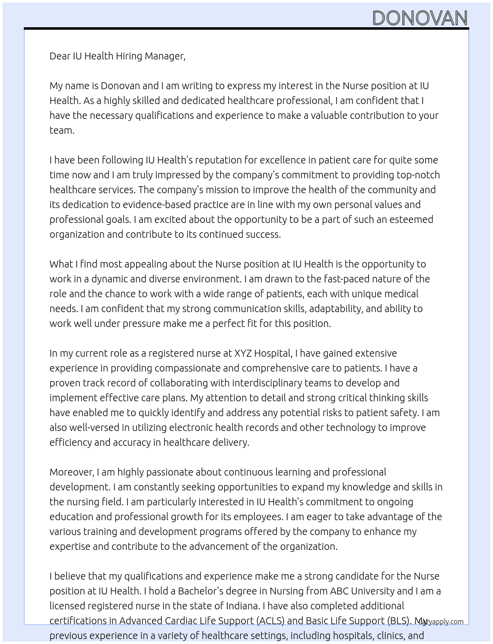 Nurse At IU Health Cover Letter