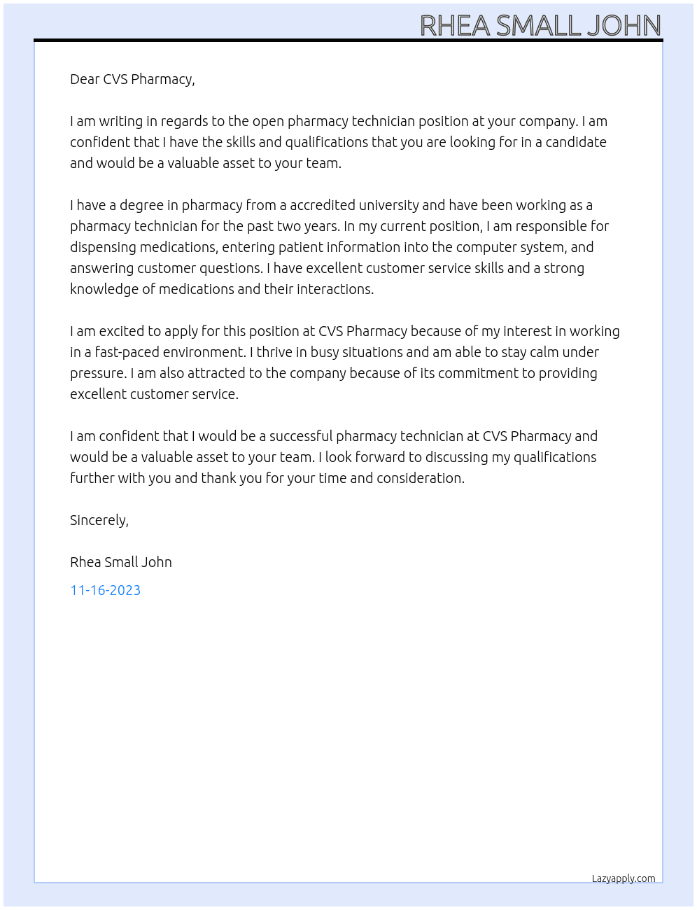 PHARMACY TECH At CVS PHARMACY Cover Letter