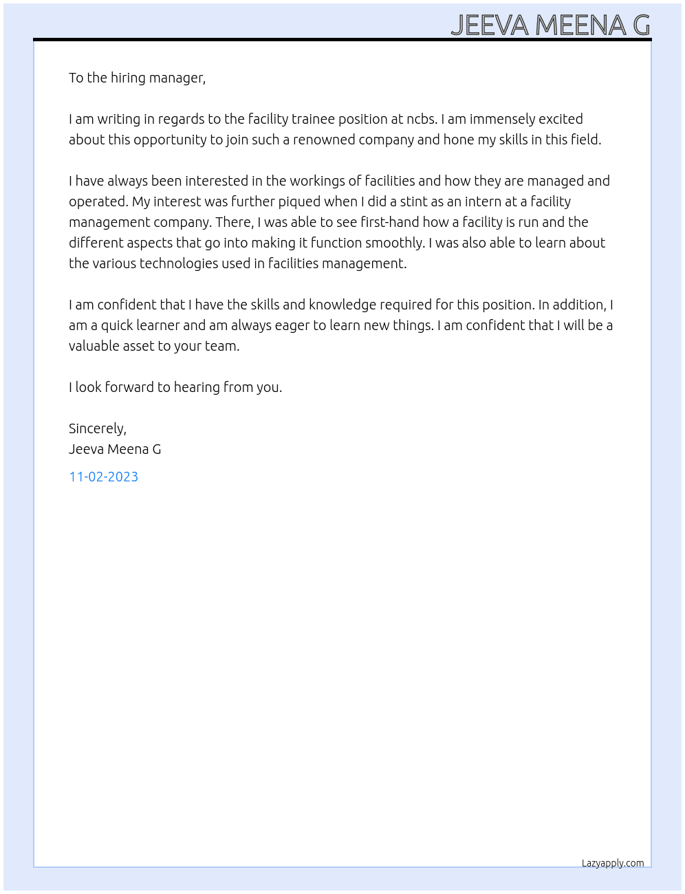facility trainee At ncbs Cover Letter