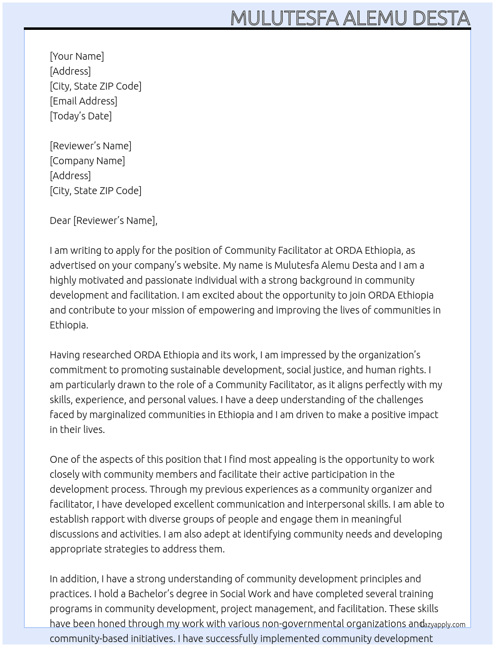Community facilitatter At ORDA Ethiopia Cover Letter
