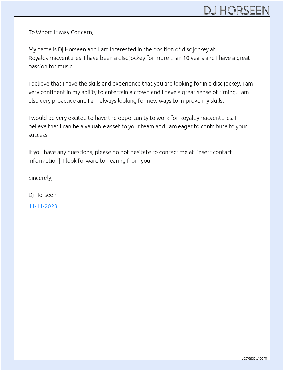 Disc jockey At Royaldymacventures Cover Letter