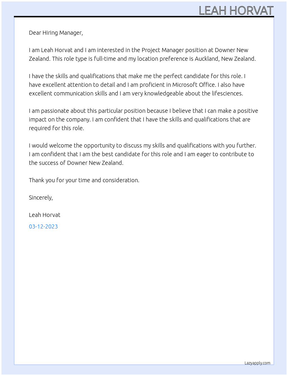Project Manager - AMAS At Downer New Zealand Cover Letter