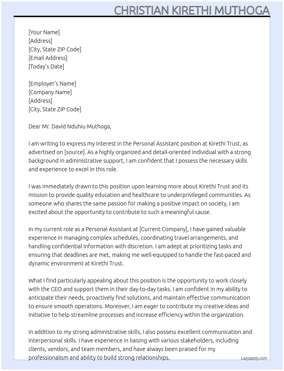 Personal Assistant At Kirethi Trust Cover Letter