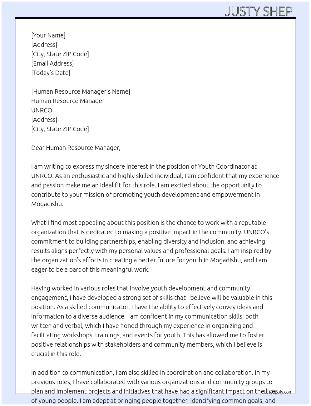 YOUTH COORDINATOR At UNRCO Cover Letter
